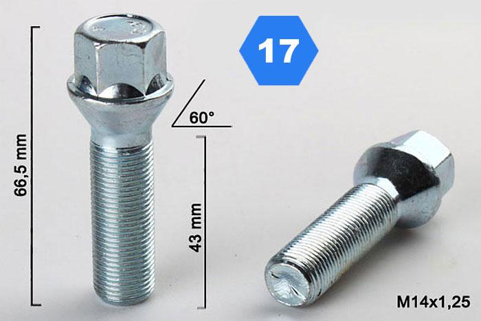 M14x1,25, Verlengde wielbout conisch, Draadlengte 43mm, SW 17